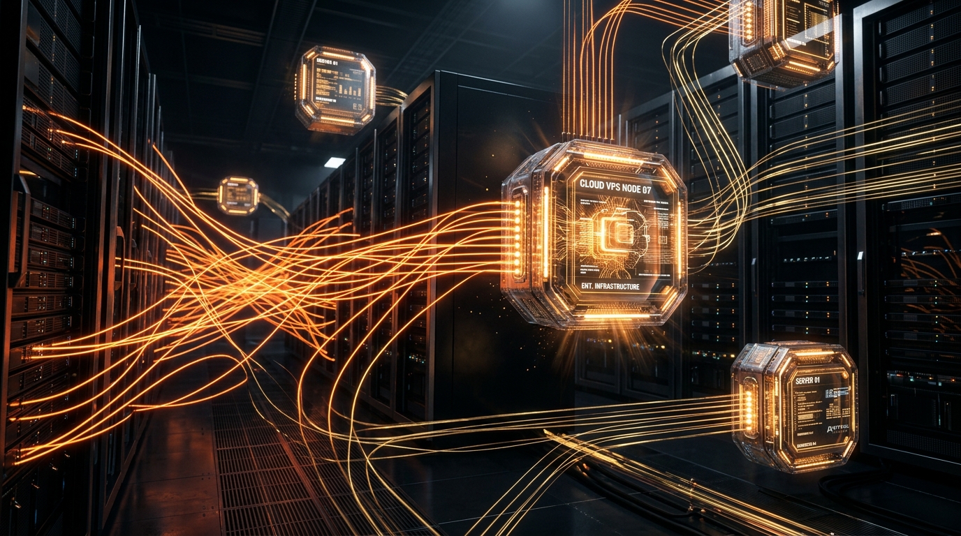Ilustração de um data center com racks de servidores e conexões luminosas representando ambientes VPS