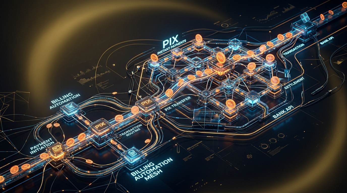 Fluxos financeiros ilustrados por circuitos, documentos e conexões PIX