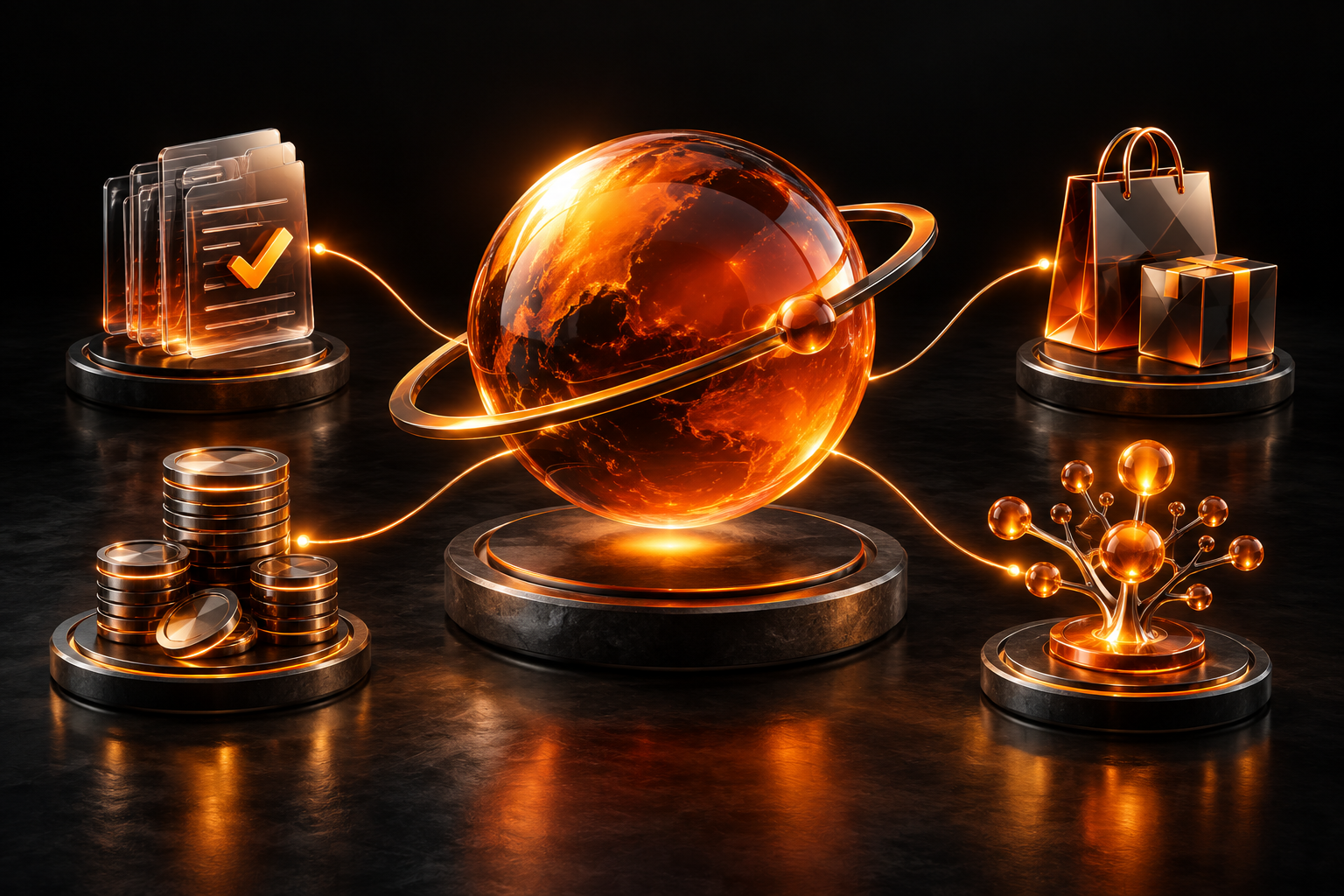 Ilustração 3D: uma esfera orbital conecta documentos, pedidos, finanças e inteligência